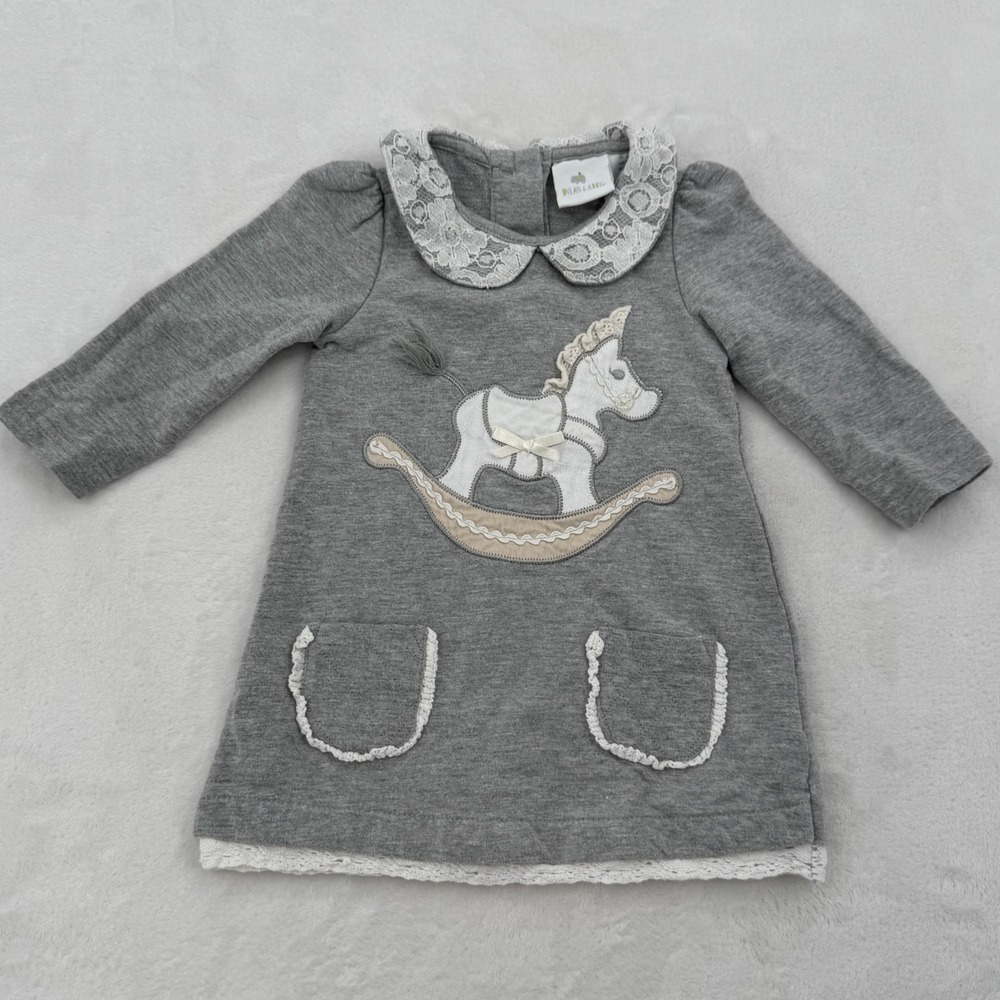 Dylan & Abby Baby Girls Gray Rocking Horse Lace Peter Pan Collar Dress Size 12M